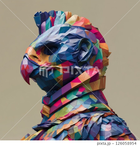 Colorful low poly eagle bust with punk hair style looking left 126058954