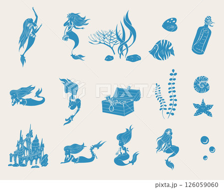 Mermaids and sea creatures - blue color. Sea collection doodle hand drawn. Big mermaid set. Vector illustrations. 126059060