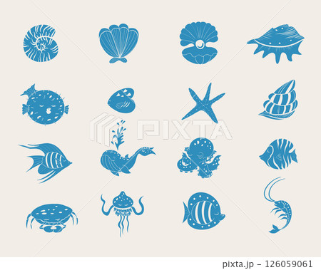 Hand drawn vector icons of sea life in blue color. Shell, starfish, whale, octopus, jellyfish, crab, shrimp, Fish cute symbols. 126059061