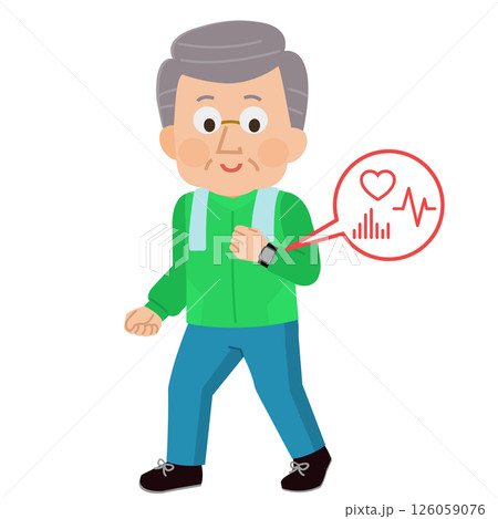 スマートウォッチをつけてウォーキングする高齢男性 イラスト スマートウォッチをつけてウォーキングする高齢男性 イラスト 126059076