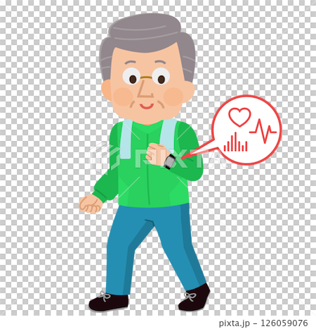 一位老人戴著智慧手錶行走的插圖 一位老人戴著智慧手錶行走的插圖 126059076