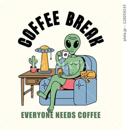 alien coffee retro cute illustration 126059143