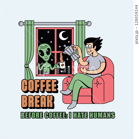 alien and human coffee retro cute illustration 126059144