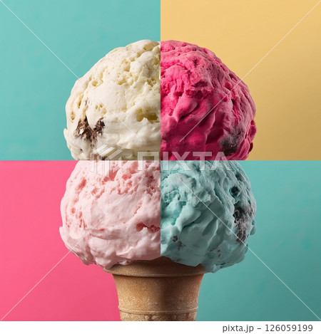 Four flavors of ice cream forming a colorful composition on a cone 126059199