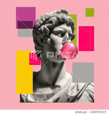 Classical greek statue blowing pink bubble gum on colorful background 126059323