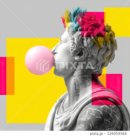 Classical statue blowing pink bubble gum with colorful hair and tattoos 126059368
