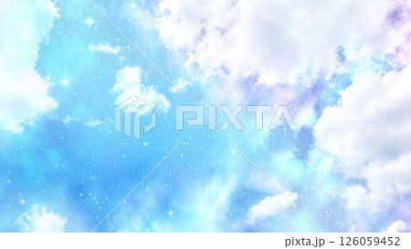 青空にピンクの雲が光るアニメ風手描きイラスト	 126059452