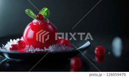 Red spherical dessert with glossy finish and green mint leaves. Surrounded by sugar crystals and berries on a dark reflective plate. Elegant presentation AI generated 126059470