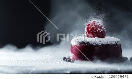Small red dessert topped with powdered sugar and a raspberry, surrounded by smoky vapor on a dark surface. Elegant food presentation AI generated 126059471