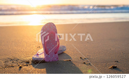 pair of cute slippers out of the sand at the beach at sunset 126059527