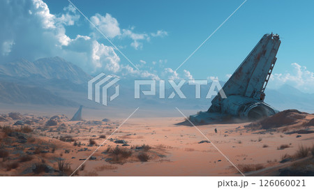 エイリアン砂漠に横たわる宇宙船の残骸 126060021
