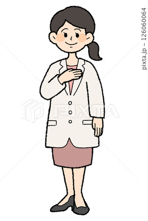 手描き風 胸に手を置く白衣を着た女性医師 スカートスタイル 手描き風 胸に手を置く白衣を着た女性医師 スカートスタイル 126060064