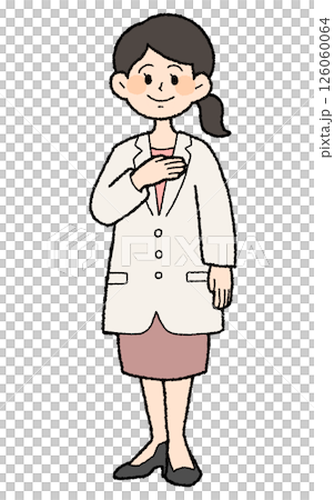 手描き風 胸に手を置く白衣を着た女性医師 スカートスタイル 手描き風 胸に手を置く白衣を着た女性医師 スカートスタイル 126060064