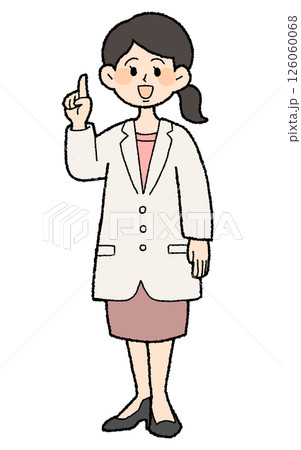 手描き風　人差し指をたてた白衣を着た女性医師　スカートスタイル 126060068