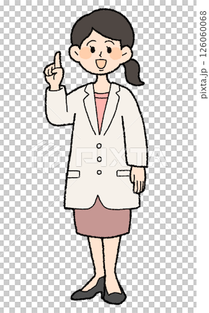 手描き風　人差し指をたてた白衣を着た女性医師　スカートスタイル 126060068