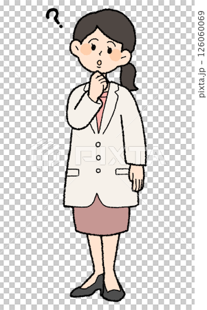 Hand-drawn style: Female doctor in white coat tilting her head, skirt style 126060069