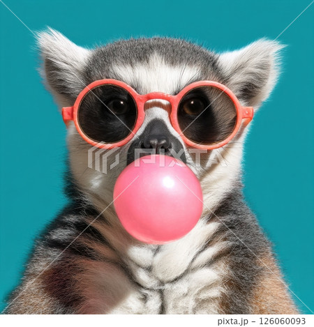Ring tailed lemur wearing sunglasses blowing a pink bubble gum 126060093