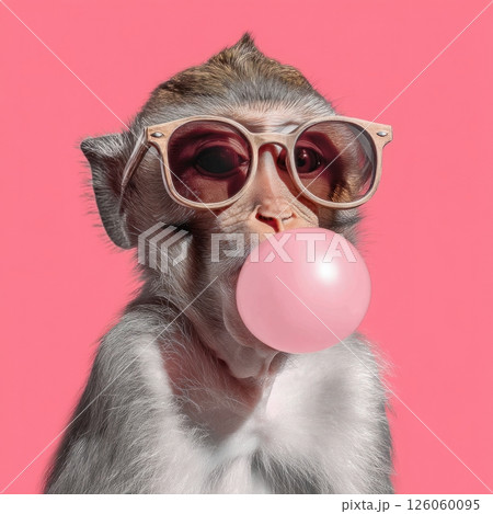 Monkey wearing sunglasses blowing a pink bubble gum on pink background 126060095