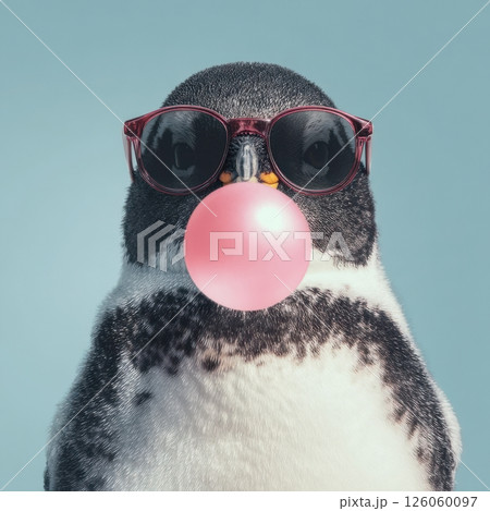 Cool penguin blowing bubblegum while wearing sunglasses 126060097