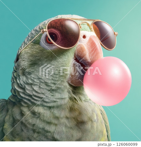 Parrot wearing sunglasses blowing a pink bubble gum on turquoise background 126060099