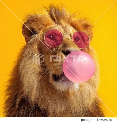 Lion blowing bubblegum bubble wearing sunglasses on yellow background 126060101