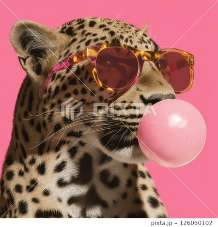 Leopard wearing sunglasses blowing bubble gum on pink background 126060102