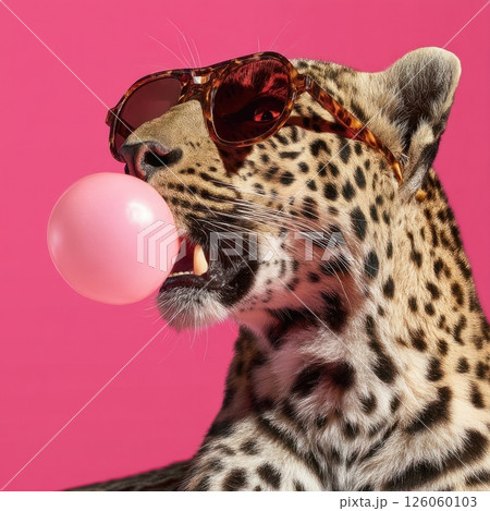 Leopard wearing sunglasses blowing bubble gum on pink background 126060103