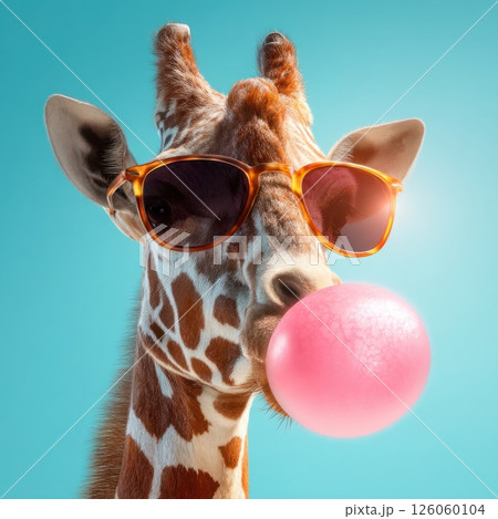 Cool giraffe wearing sunglasses blowing bubble gum on blue background 126060104