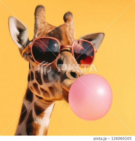 Cool giraffe wearing sunglasses blowing bubble gum on yellow background 126060105