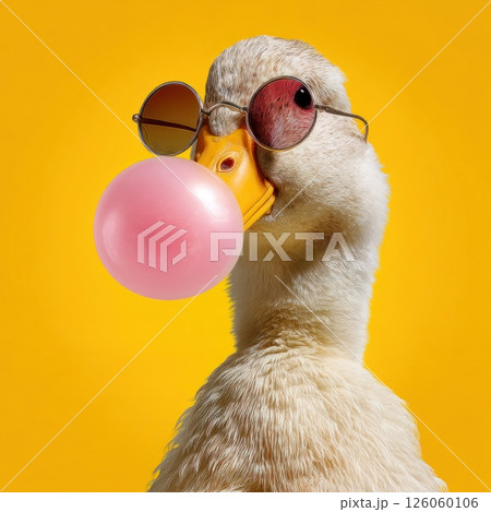 Cool duck blowing bubblegum while wearing sunglasses on yellow background 126060106