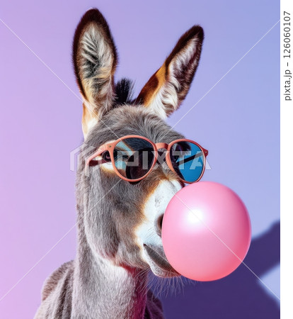 Donkey wearing sunglasses blowing bubble gum on purple background 126060107