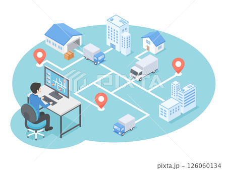 物流の配送状況をモニターで管理している様子をイメージしたアイソメトリックイラスト 126060134