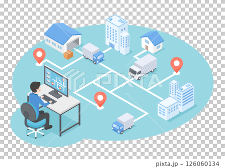 物流の配送状況をモニターで管理している様子をイメージしたアイソメトリックイラスト 126060134