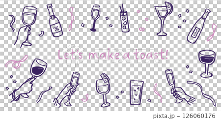 Hand drawn illustration of people toasting at a party. Celebration of holidays and anniversaries. Cocktail and alcohol glasses. 126060176