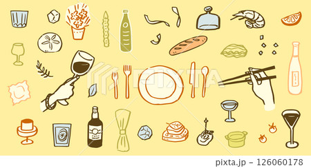 レストランでの食事やパーティの手書きのイラスト。祝日や記念日の料理。ディナーや昼食の食べ物とお酒。 126060178