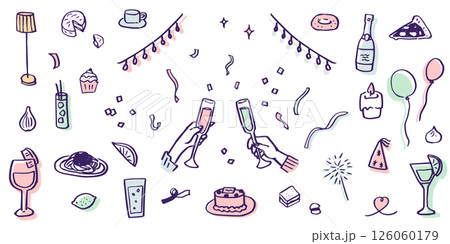 レストランでの食事やパーティの手書きのイラスト。祝日や記念日の料理。ディナーや昼食の食べ物とお酒。 レストランでの食事やパーティの手書きのイラスト。祝日や記念日の料理。ディナーや昼食の食べ物とお酒。 126060179
