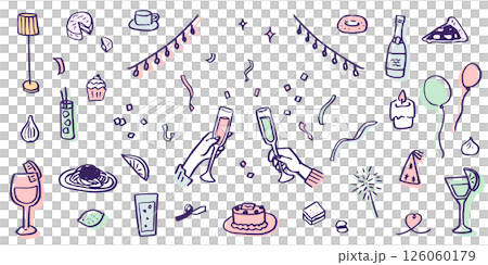 Hand drawn illustrations of restaurant meals and parties. Holiday and anniversary dishes. Dinner and lunch food and drinks. 126060179