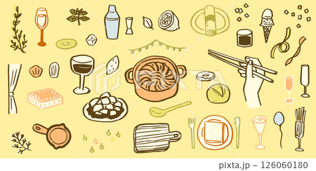 レストランでの食事やパーティの手書きのイラスト。祝日や記念日の料理。ディナーや昼食の食べ物とお酒。 レストランでの食事やパーティの手書きのイラスト。祝日や記念日の料理。ディナーや昼食の食べ物とお酒。 126060180