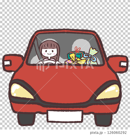 Illustration of a female driver in a car loaded with presents 126060292