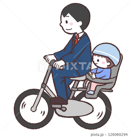 自転車の後ろに子供を乗せるお父さんイラスト 126060294