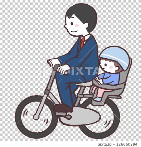 自転車の後ろに子供を乗せるお父さんイラスト 126060294