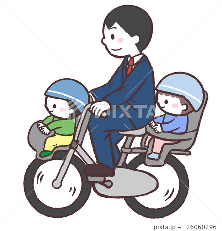 子供を前後に乗せるお父さんイラスト 126060296