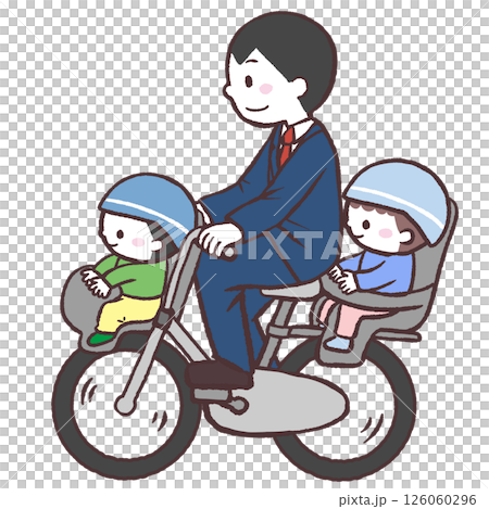 子供を前後に乗せるお父さんイラスト 126060296
