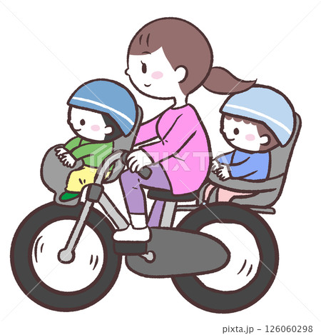 子供を前後に乗せるお母さんイラスト 126060298