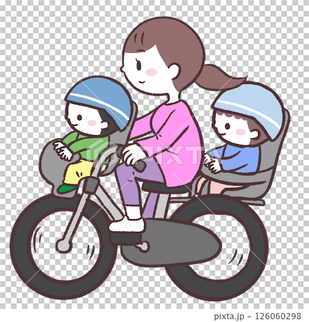 子供を前後に乗せるお母さんイラスト 126060298