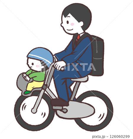 前かごに子供を乗せるお父さんイラスト 126060299