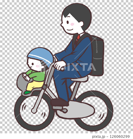 前かごに子供を乗せるお父さんイラスト 126060299