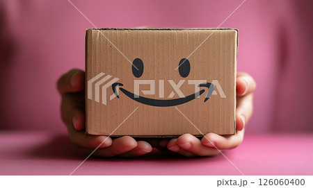Hands holding a small cardboard box with a drawn smiley face on pink background 126060400