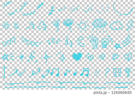 A set of light blue hand-drawn line drawings of manga symbols A set of light blue hand-drawn line drawings of manga symbols 126060680