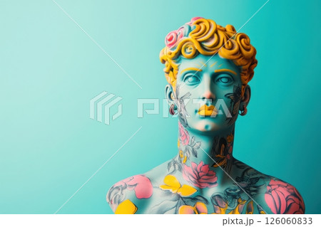 Turquoise statue bust showing colorful tattoos and piercing 126060833